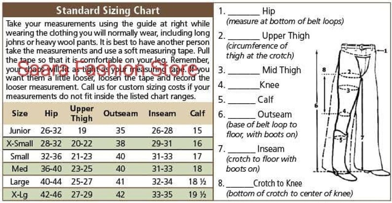 May include: A standard sizing chart for pants with a diagram showing how to measure different parts of the leg, including hip, upper thigh, mid thigh, knee, calf, outseam, inseam, and crotch to knee. The chart includes measurements in inches for junior, X-small, small, medium, large, and X-large sizes.
