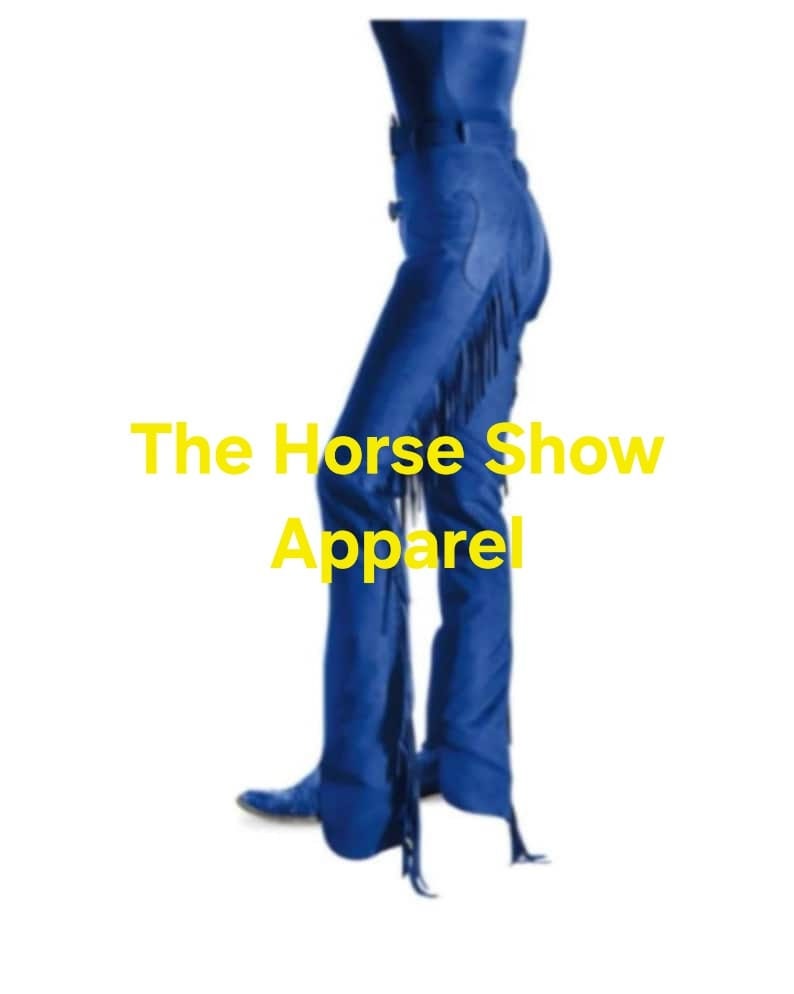 May include: Blue leather riding pants with fringe detail. The Horse Show Apparel.