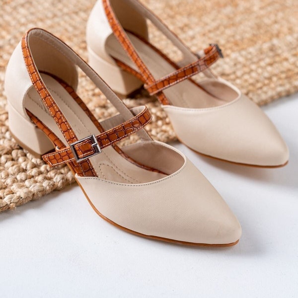 Brown-Beige Shoes, Women Mary Jane Shoes, Brown Heels Handmade Shoes, Low-Heeled Shoes Shoes, French Ankle Strap Shoes, Ballet Block Heels