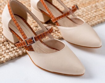 Brown-Beige Shoes, Women Mary Jane Shoes, Brown Heels Handmade Shoes, Low-Heeled Shoes Shoes, French Ankle Strap Shoes, Ballet Block Heels