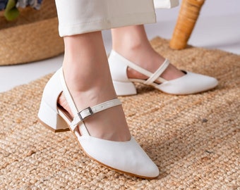 White Bridal Shoes, White Heels Handmade Shoes, White Wedding Shoes, Cute Heels Shoes, White Block Heels, Classic and Stylish Design Shoes