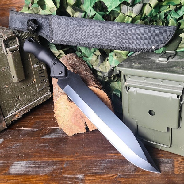 Cuchillo táctico grande de supervivencia y caza de acero inoxidable con acabado negro