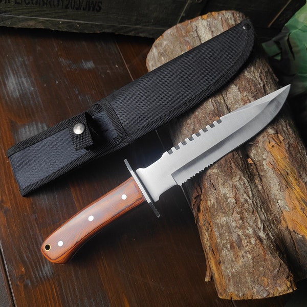 Stainless steel survival and hunting knife with wooden handle