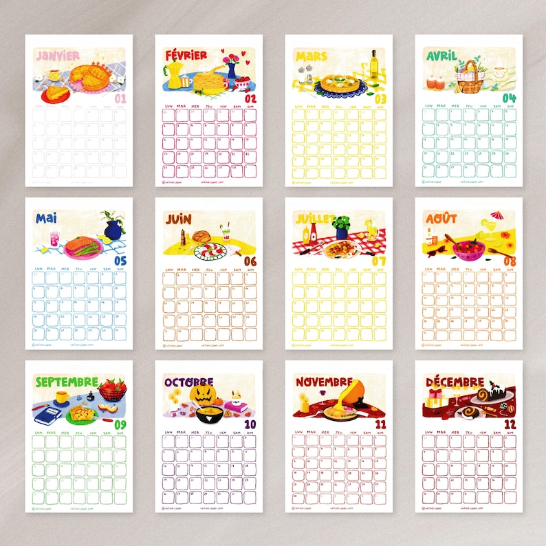 Op de afbeelding: Een set van twaalf ge&iuml;llustreerde maandkalenders. Elke kalender heeft een andere kleurrijke illustratie met de naam en het nummer van de maand. De illustraties tonen voedsel en objecten die bij elke maand horen.