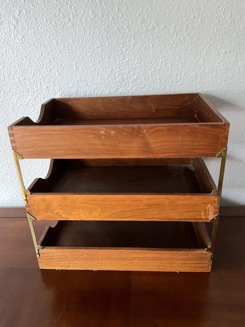 Vintage Wood Desk Tray 3 Tier Stacking Letter Paper Size Dove Tail With ...