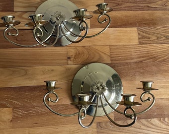 Vintage Set of 2 Brass Candle Wall Sconces - 4 Candles