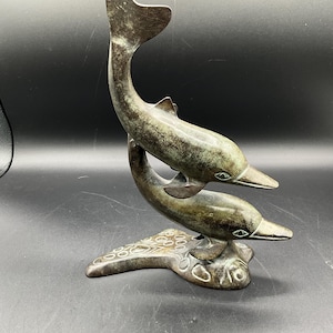 Vintage Bronze Metal Dolphins Swimming Statue