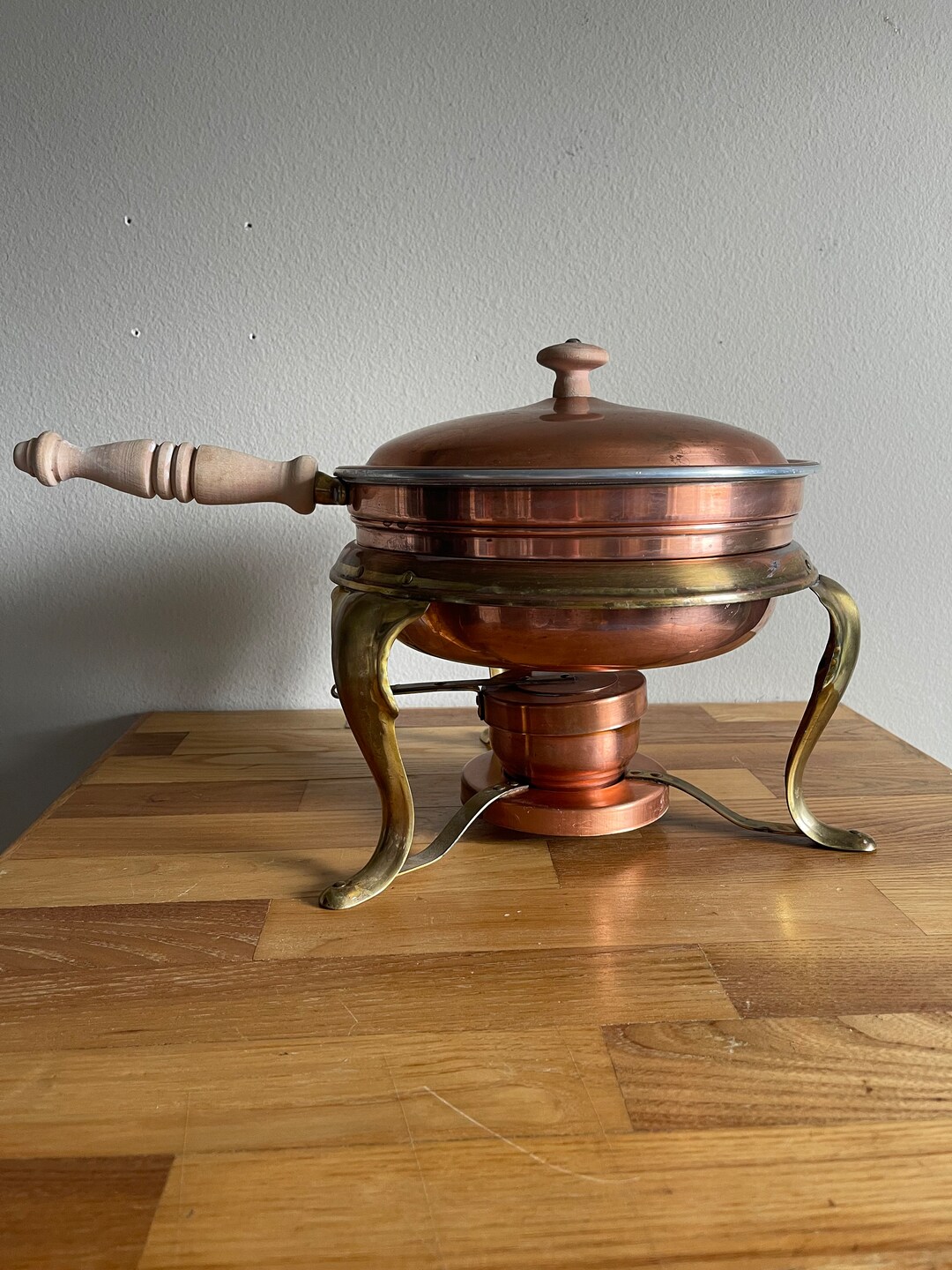vintage-4-piece-copper-and-brass-food-warmer-wooden-handle-etsy