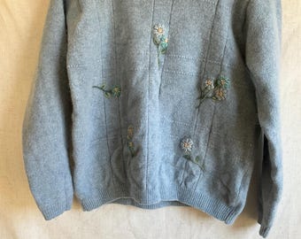 Vintage Womens Blue Floral Knit Pullover Sweater No Size