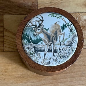 Deer Trinket Box, Round Wooden Trinket Box, Porcelain Lid, Hand Painted Deer, Leaping Buck Trinket Box, Gift for Hunter, Stag Trinket Box