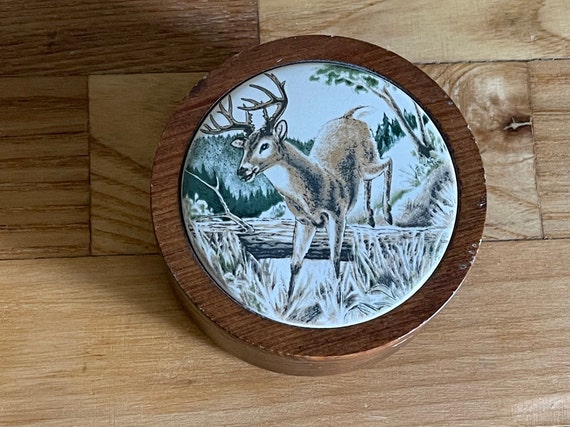 Deer Trinket Box, Round Wooden Trinket Box, Porce… - image 1