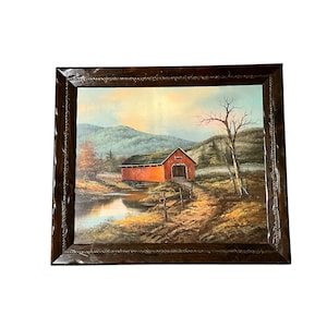 Vintage Framed Canvas Painting New England Style Covered Bridge Signed By Artist