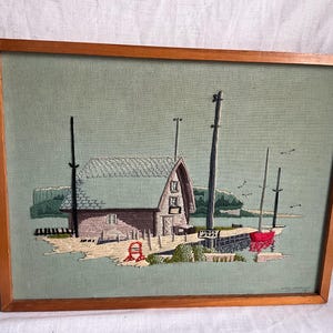Vintage 1972 Coastal Nautical Andersons Dock Framed Crewel