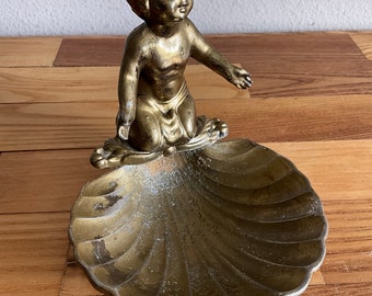 Vintage Brass Cherub Seashell Soap or Trinket Dish - Patina