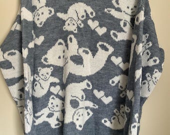 Vintage Womens Teddy Bear Blue And White Sweater No Size