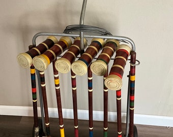 Vintage 6 Player Wood Croquet Set - With Rolling Cart