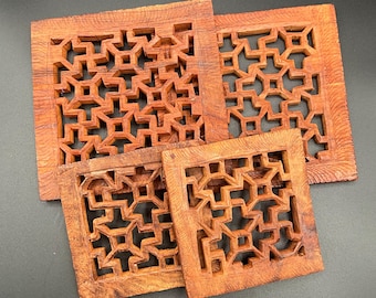 Vintage Set Of 4 Handcarved Wooden Trivets
