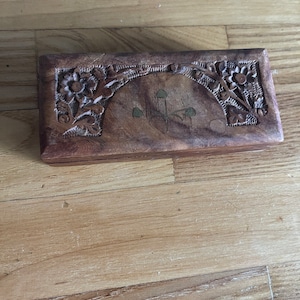 Vintage Hand Carved Wooden Box - Etched With Brass