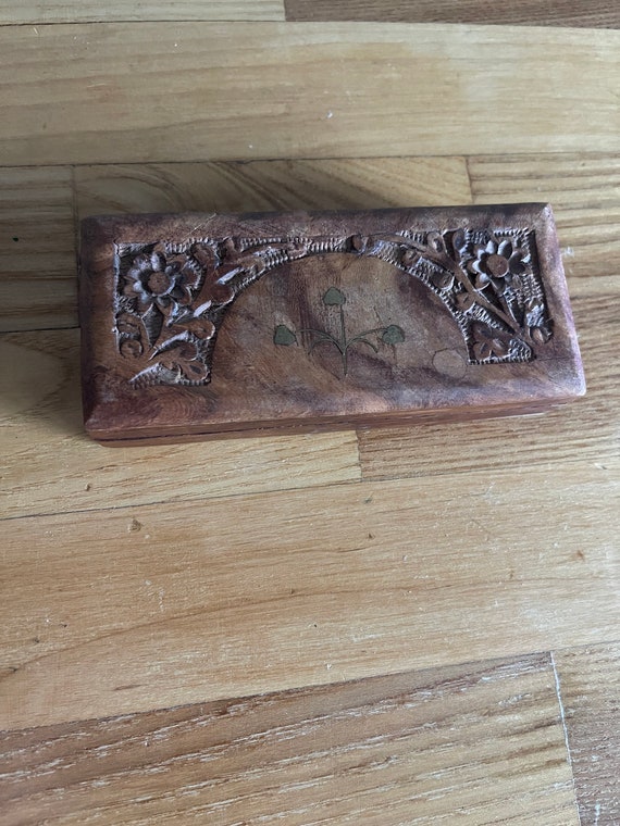 Vintage Hand Carved Wooden Box - Etched With Brass - image 1