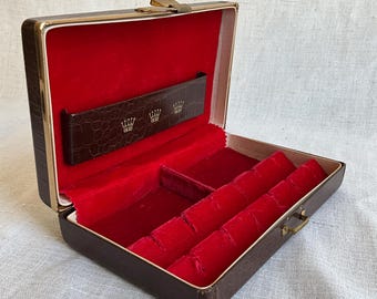 Vintage Reptile Style Leather Brass Hardware Red Lined Jewelry Travel Box