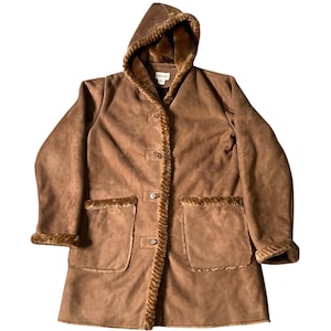 Vintage Womens Faux Fur Suede Mid Length Jacket With Hood Size M