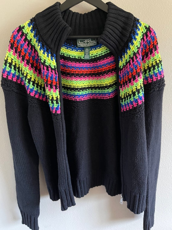 Rainbow Striped Cardigan Sweater Jacket - RALPH LAUREN - Retro Cardigan Knit Jacket View 4