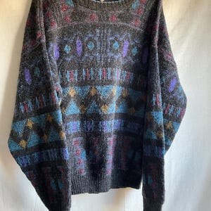 Vintage 80s 90s Geometric Pattern Fuzzy Sweatshirt Large