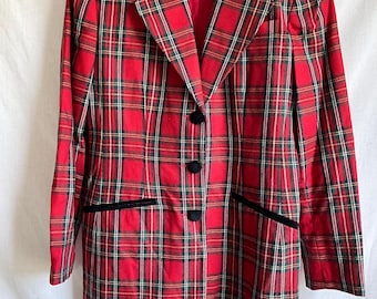 Blazer vintage para mujer con ribete de terciopelo negro y cuadros navideños, talla 6