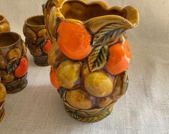 Vintage keramische Inarco-fruitkan en fruitbekers | Set van 7"