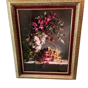 Vintage Gold Gilded Framed Floral And Cherub Angel Print By Di Giacomo