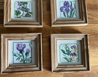 Vintage Small Set of 4 Floral Needlepoint Art Pieces