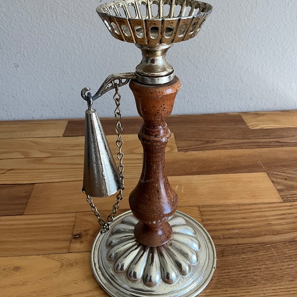 Vintage Wood And Pewter Candle Holder - WIth Candle Snuffer