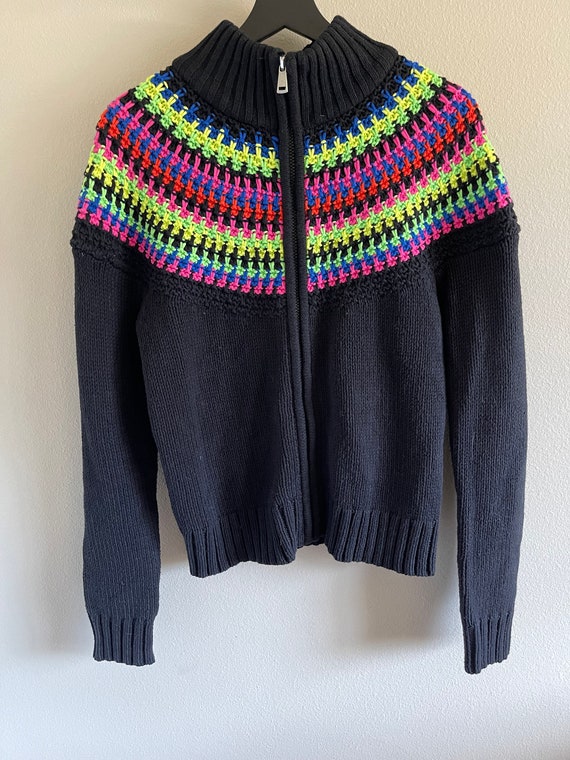 Rainbow Striped Cardigan Sweater Jacket - RALPH LAUREN - Retro Cardigan Knit Jacket