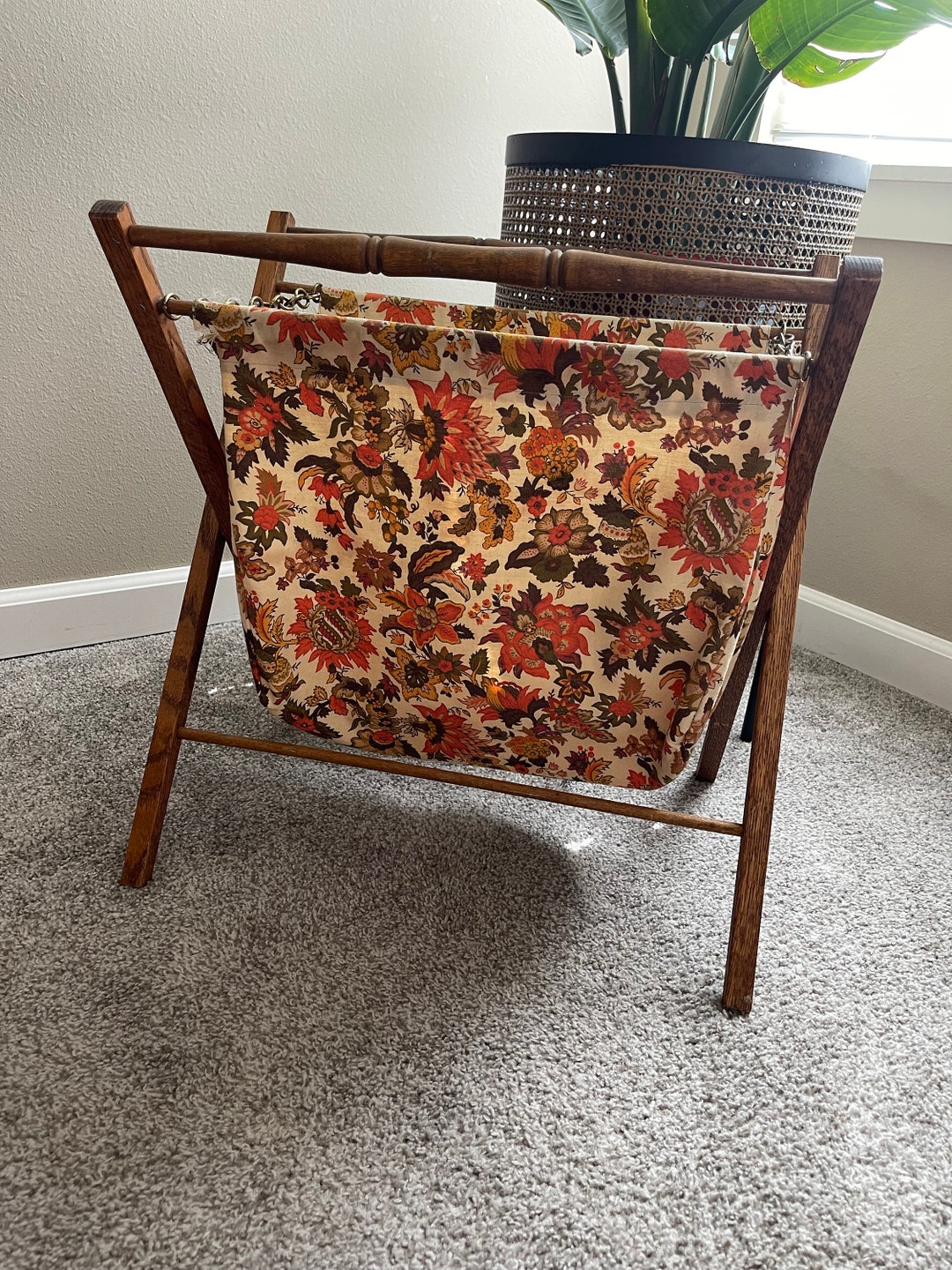 Vintage Folding Knitting Basket Yarn Caddy Stand Wood Frame Etsy