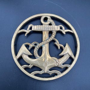 Vintage Solid Brass Anchor Nautical Trivet Has Patina