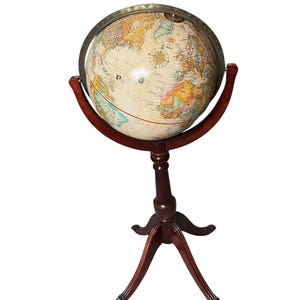 Vintage Reploge World Globe On Wooden Stand With Brass Feet