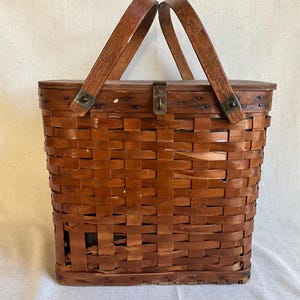 Vintage Woven Wicker Wooden Metal Picnic Basket