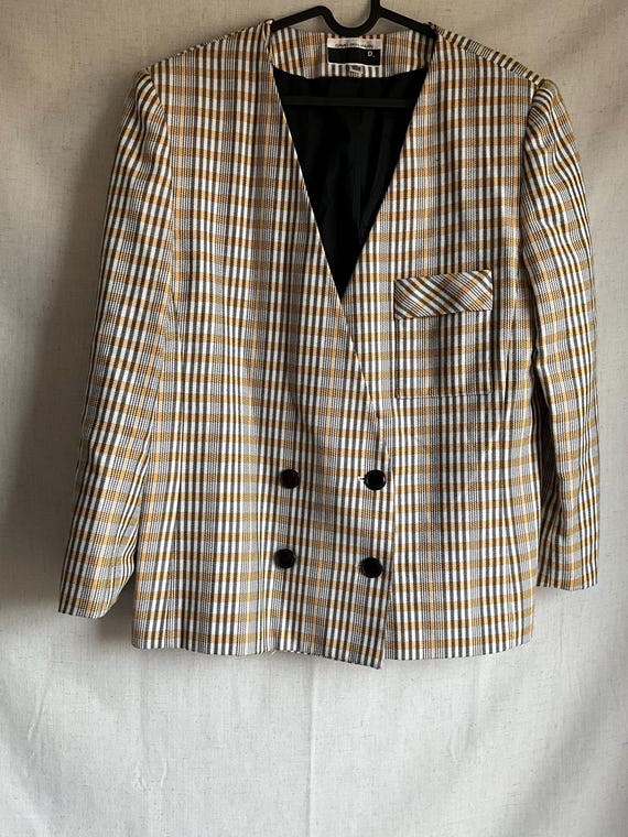 Vintage Womens Yellow Black Plaid Office Blazer Size 14