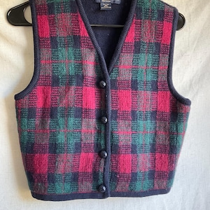 Vintage Womens Wool Plaid Button Up Vest Size PM