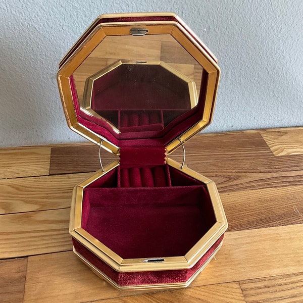 Vintage Maroon/Red Velvet Octagon Shaped Jewelry Box