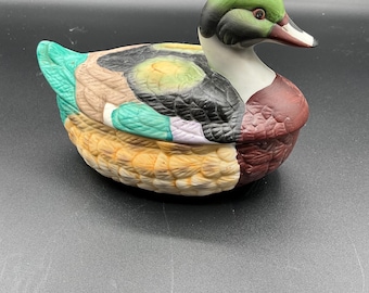 Vintage Handpainted Mallard Duck Ceramic Trinket Dish