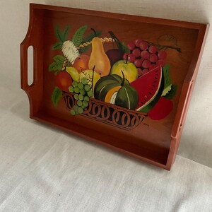 Vintage Handpainted Wooden Basket Of Fruit Serving Tray Signed 2003