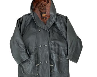 Vintage Womens Hooded Leather Coat With Pockets Cinched Waist Size M