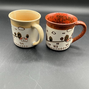 Vintage Set Of 2 Pottery Farm Scenery Coffee Mugs