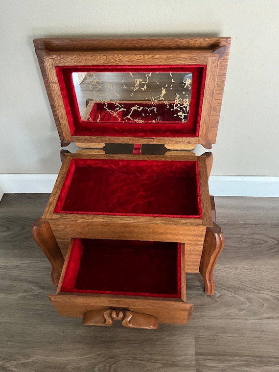 Vintage Wooden Jewelry Box Lined With Red Velvet -