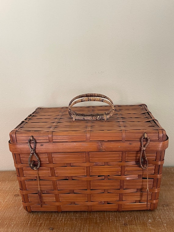 Vintage French Woven Sewing Basket Purse Brevete S.G.D.V. Leather Fabric  Wood