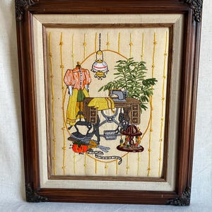 Vintage Framed Sewing Craft Crewel Wall Hanging