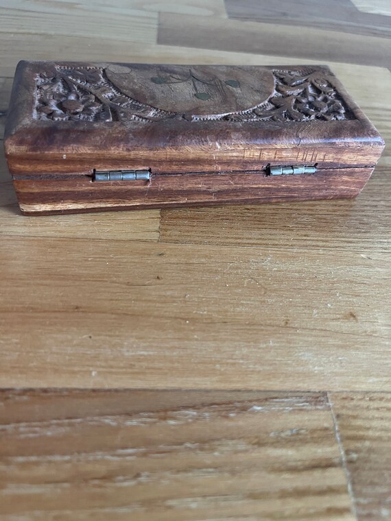 Vintage Hand Carved Wooden Box - Etched With Brass - image 4