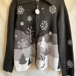 ヴィンテージ レディース ジップアップ ブラック ホワイト グレー クリスマス スノーフレーク カーディガン M
