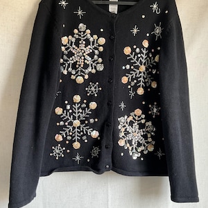 Vintage Black Christmas Snowflake Button Up Cardigan M